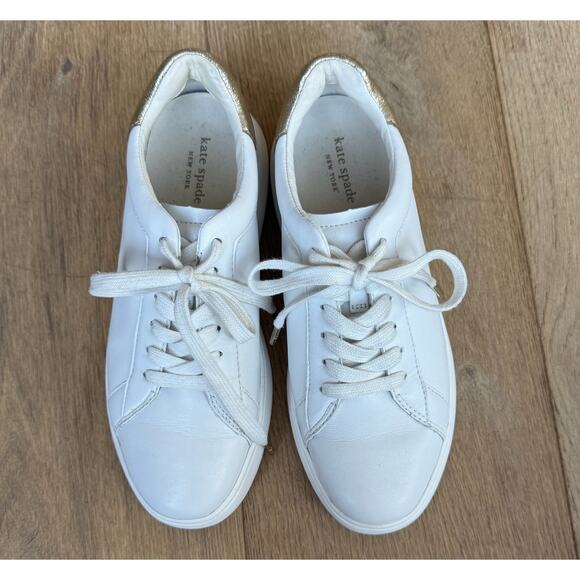 Kate Spade Lift White Sneakers Sz 7 Leather Gold Heel Accent and Gold Logo - Picture 8 of 12